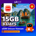 Gallery viewerに画像を読み込む, eSIM Unicom ベトナム、8日間15GB、国内通話20分付き。ハロン湾を背景にした商品画像。