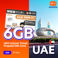 Gallery viewerに画像を読み込む, アラブ首長国連邦 Unicom トラベルプリペイドSIMカード、30日間6GB。ドバイの Museum of the Future を背景にした商品画像。