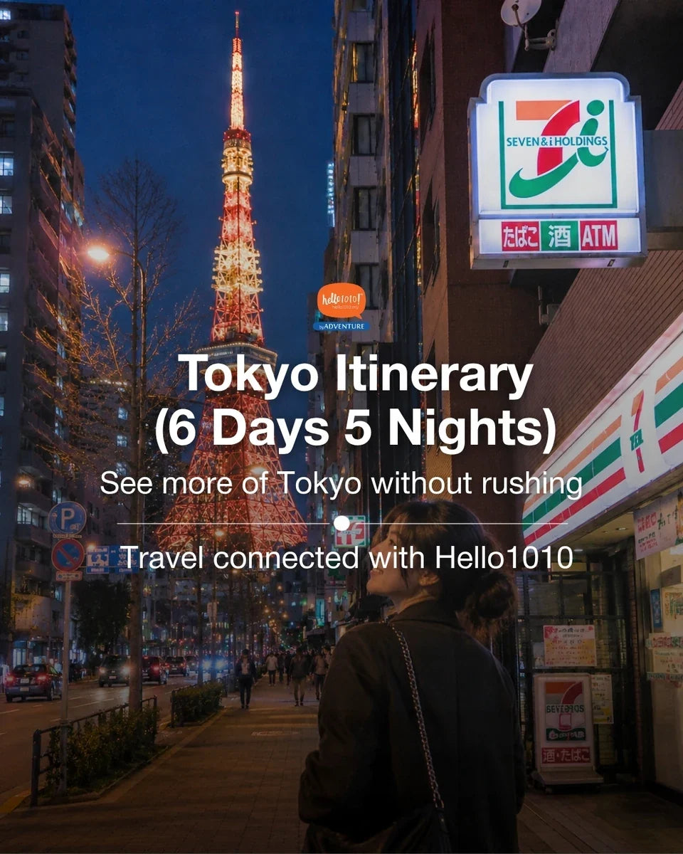 Tokyo Tower lit up at night above a Shinjuku street, from the Hello1010 Tokyo 6D5N itinerary
