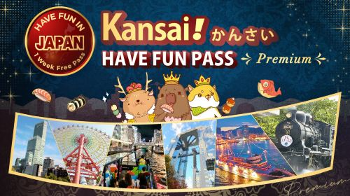 Banner artwork for the Kansai Have Fun Pass, showing Osaka landmarks including the Tempozan ferris wheel and a river cruise boat.