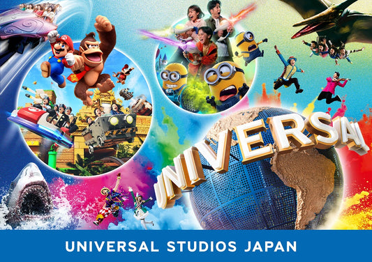 Universal Studios Japan artwork, with Mario, Donkey Kong, the Minions, a pteranodon and the Universal globe.