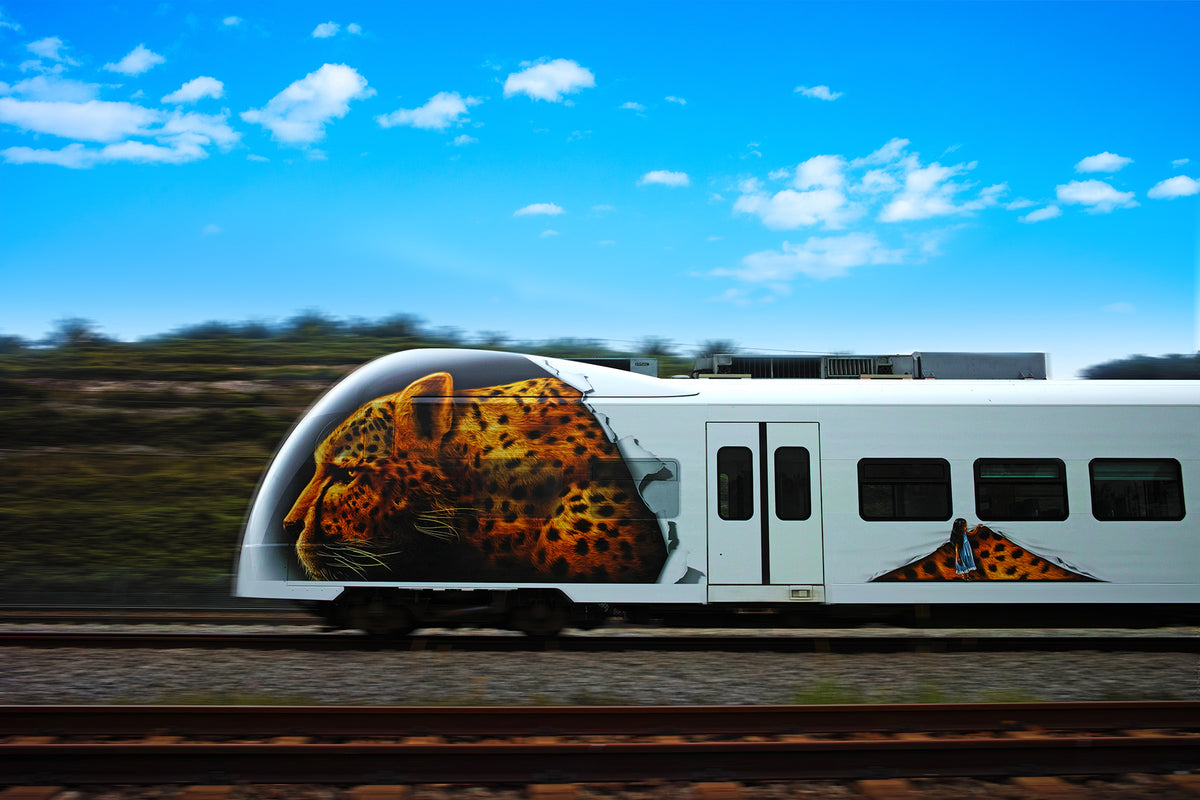 A KLIA Ekspres train in leopard livery travelling at speed under a blue sky.