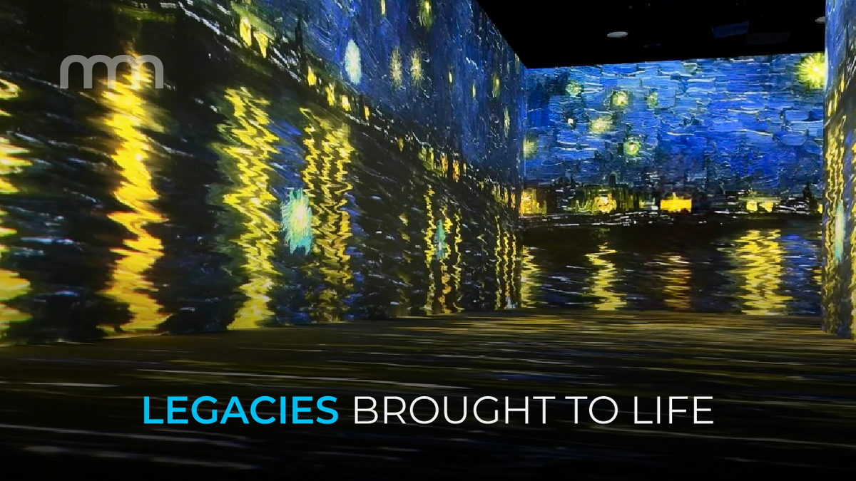 A hall projected with a Van Gogh night scene reflected across a polished floor.