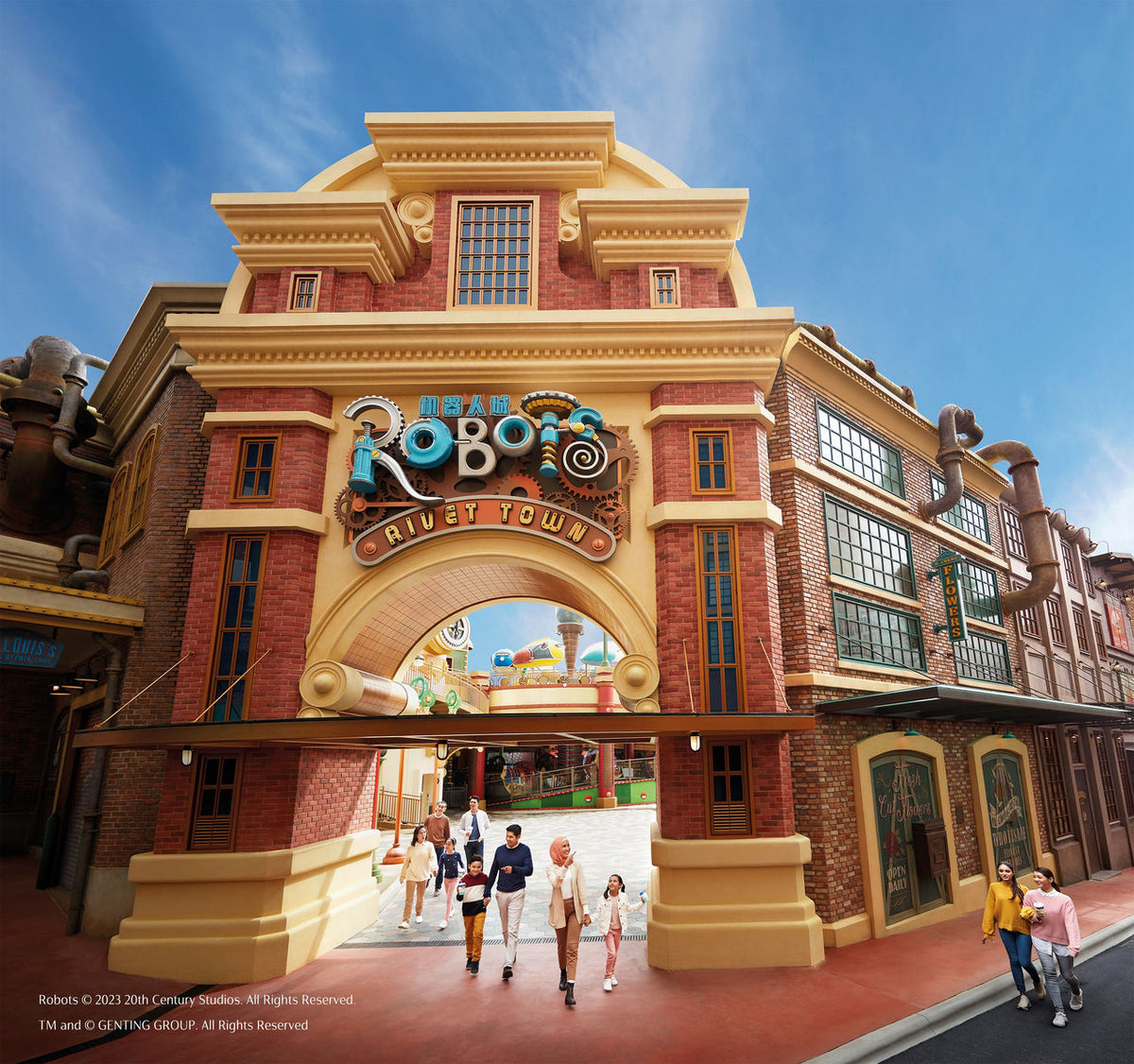 The ornate red and gold entrance arch to Robots Rivet Town.