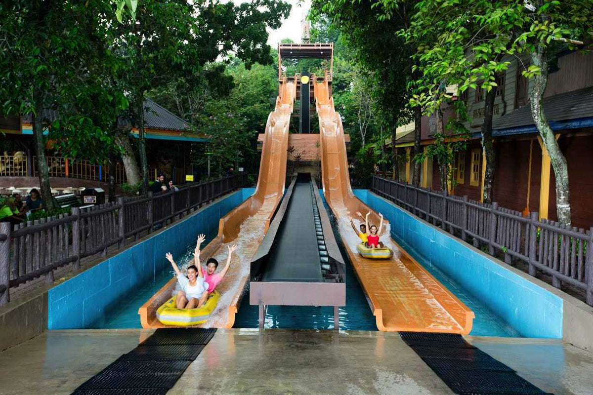 Riders on rings descending side-by-side racer slides into the splash pool.
