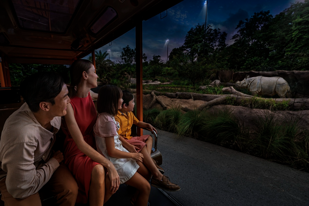 Family riding the Night Safari tram past a rhinoceros