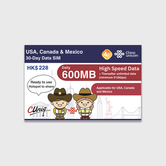 USA, Canada, Mexico Unicom Travel Prepaid SIM Card