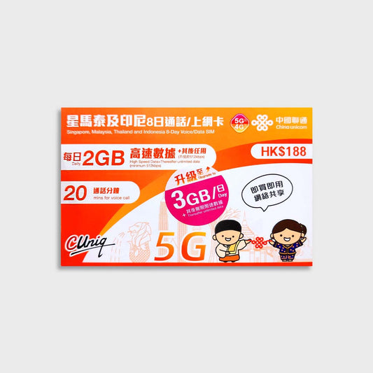 Malaysia, Singapore, Indonesia Unicom 8 Days Prepaid SIM