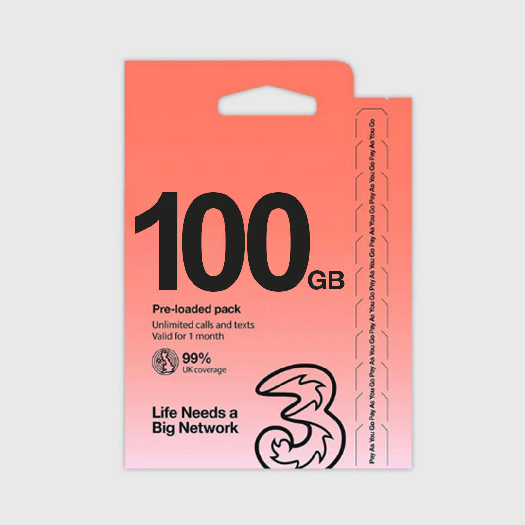 UK & Europe (72 Countries) Three 100GB Prepaid SIM