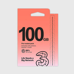 Pack minorista de la tarjeta SIM prepago Three de 100GB precargada.
