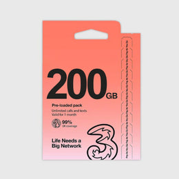 Pack minorista de la tarjeta SIM prepago Three de 200GB precargada.