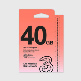 Pack minorista de la tarjeta SIM prepago Three de 40GB precargada.