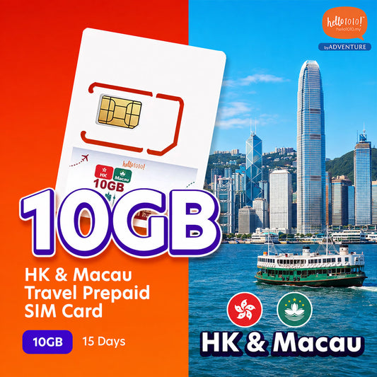 HK & Macau Travel Prepaid SIM Card tile showing 10GB for 15 days, the Hong Kong skyline with a Star Ferry, and the Hong Kong and Macau flags.