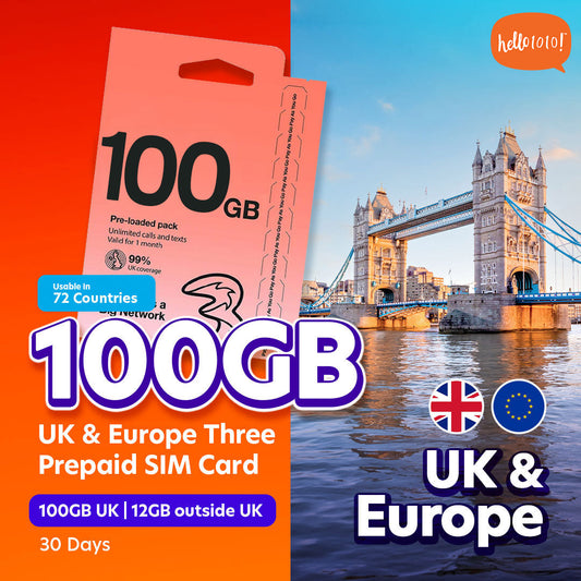 UK & Europe 72 Countries Three 100GB Prepaid SIM