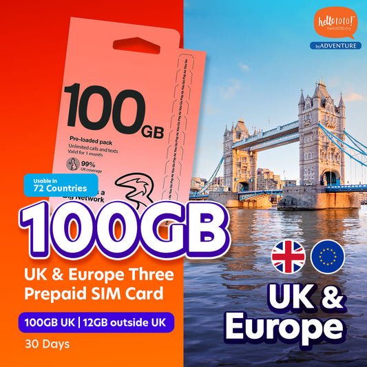 UK & Europe (72 Countries) Three 100GB Prepaid SIM