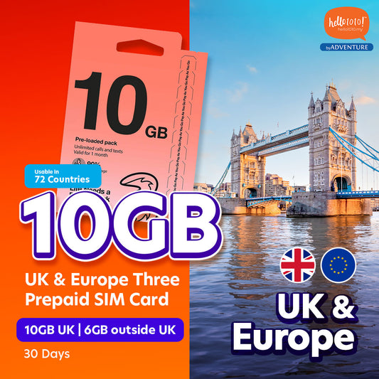 UK & Europe (72 Countries) Three 10GB Prepaid SIM