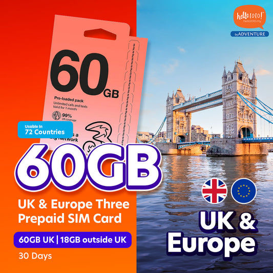 UK & Europe (72 Countries) Three 60GB Prepaid SIM