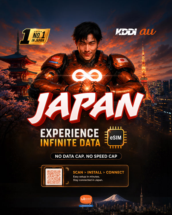 eSIM Japan Infinite Data on the KDDI au network, advertising no data cap and no speed cap.