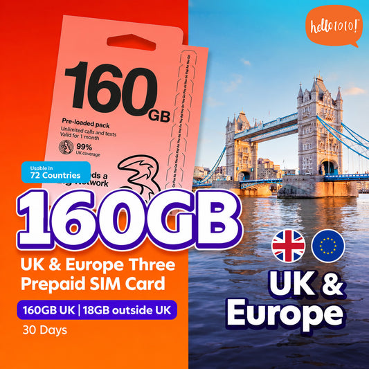 UK & Europe 72 Countries Three 160GB Prepaid SIM