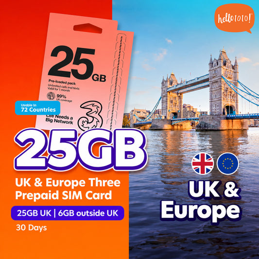 UK & Europe 72 Countries Three 25GB Prepaid SIM