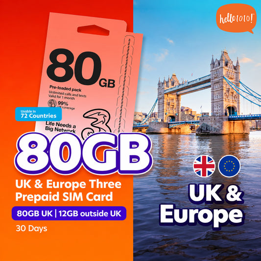 UK & Europe 72 Countries Three 80GB Prepaid SIM