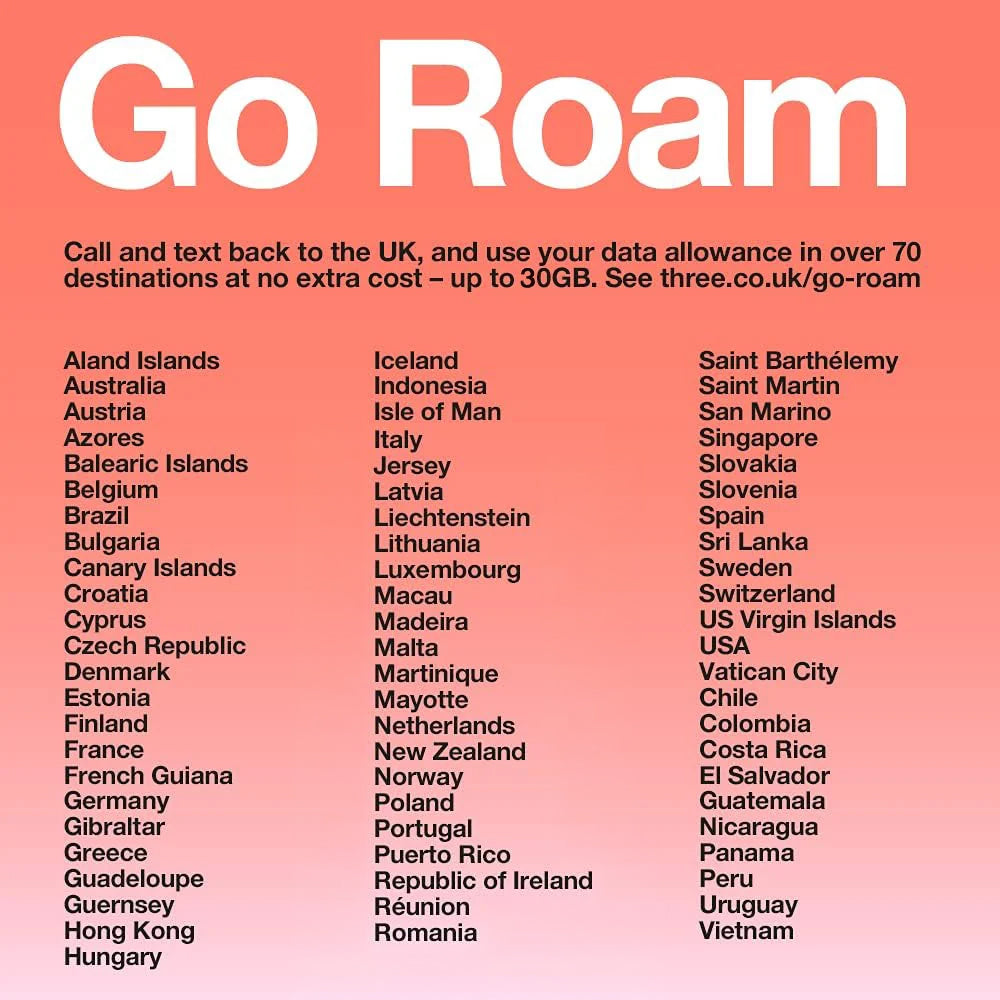 Three Go Roam destination list, showing the countries and territories where the UK data allowance can be used.