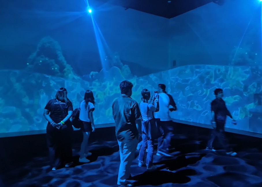 Visitors standing inside a projection room, the walls washed with blue underwater imagery.