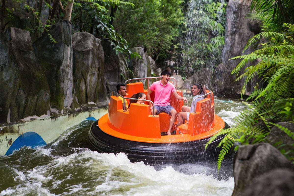 Four riders in a round raft on a whitewater rapids ride between rocks and ferns.