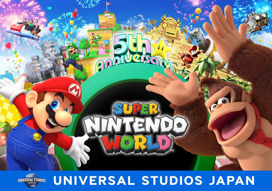SUPER NINTENDO WORLD fifth anniversary artwork, with Mario and Donkey Kong beside a green warp pipe.