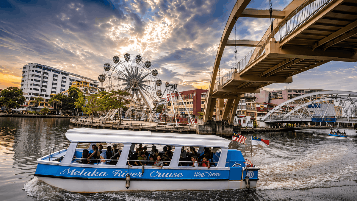 A Melaka River Cruise boat passing under a bridge at sunset, a Ferris wheel behind.