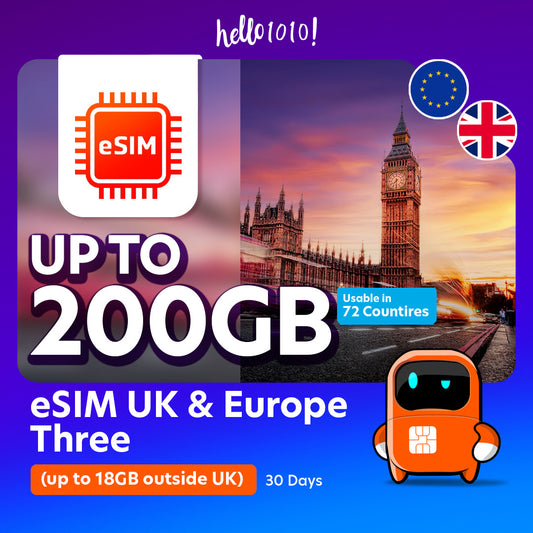 eSIM UK and Europe on the Three network, up to 200GB for 30 days with up to 18GB outside the UK, usable in 72 countries.
