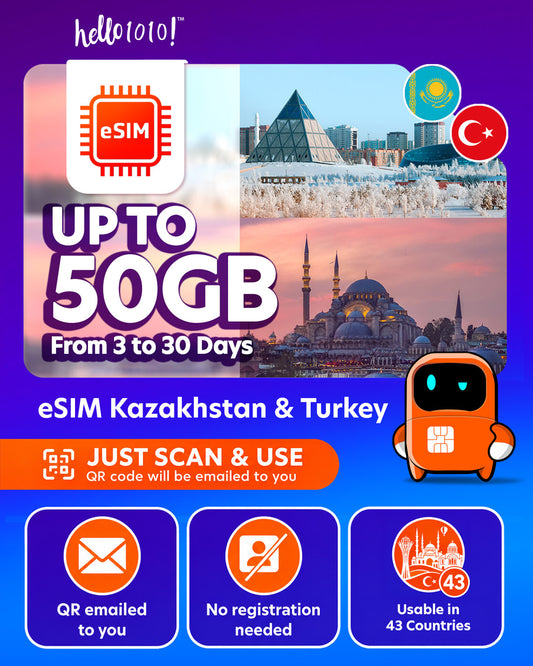 eSIM Kazakhstan and Turkey (43 Countries)