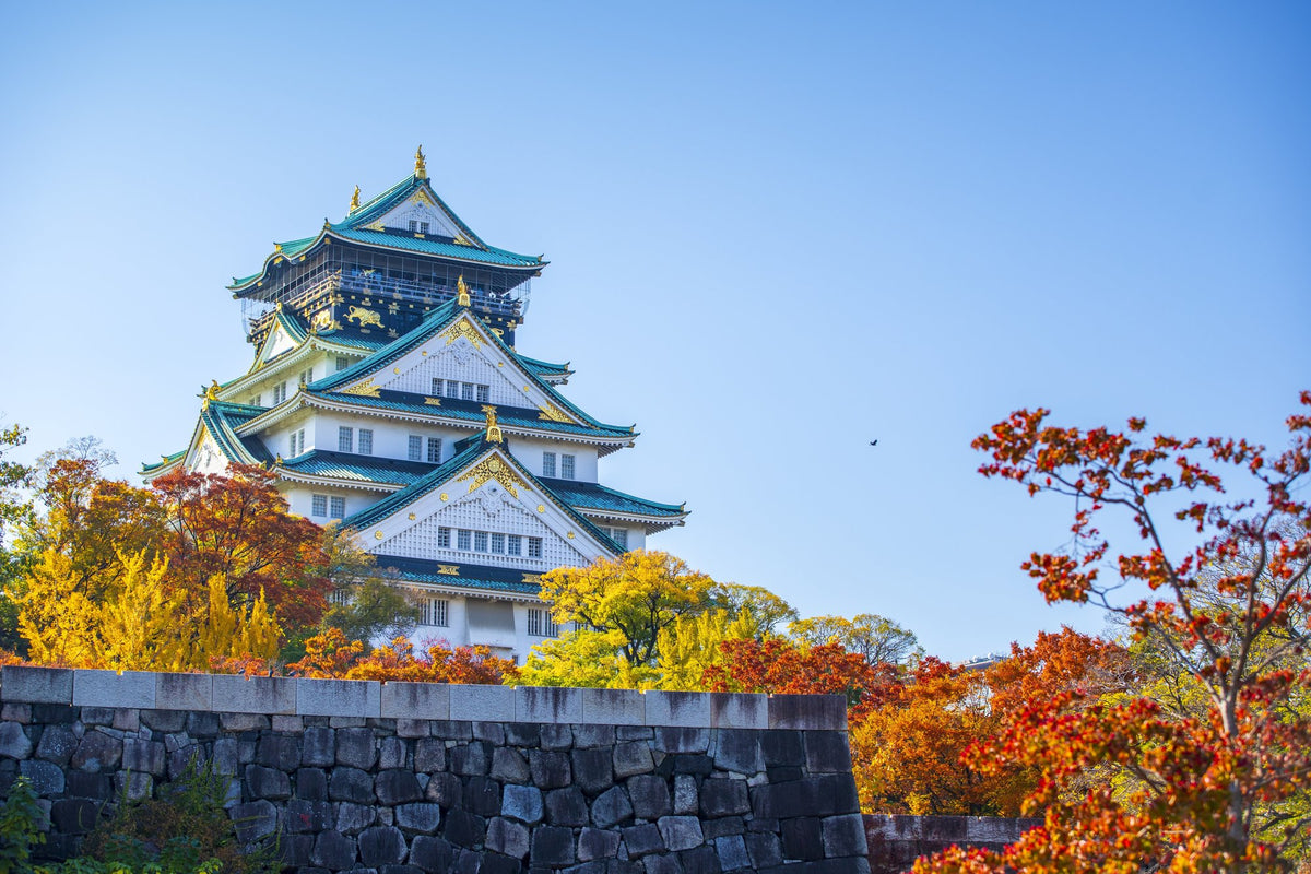Osaka Castle keep above its stone ramparts, framed by red and gold autumn maples.
