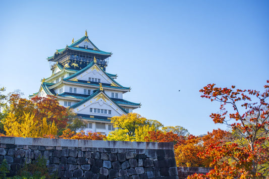 Osaka Castle keep above its stone ramparts, framed by red and gold autumn maples.