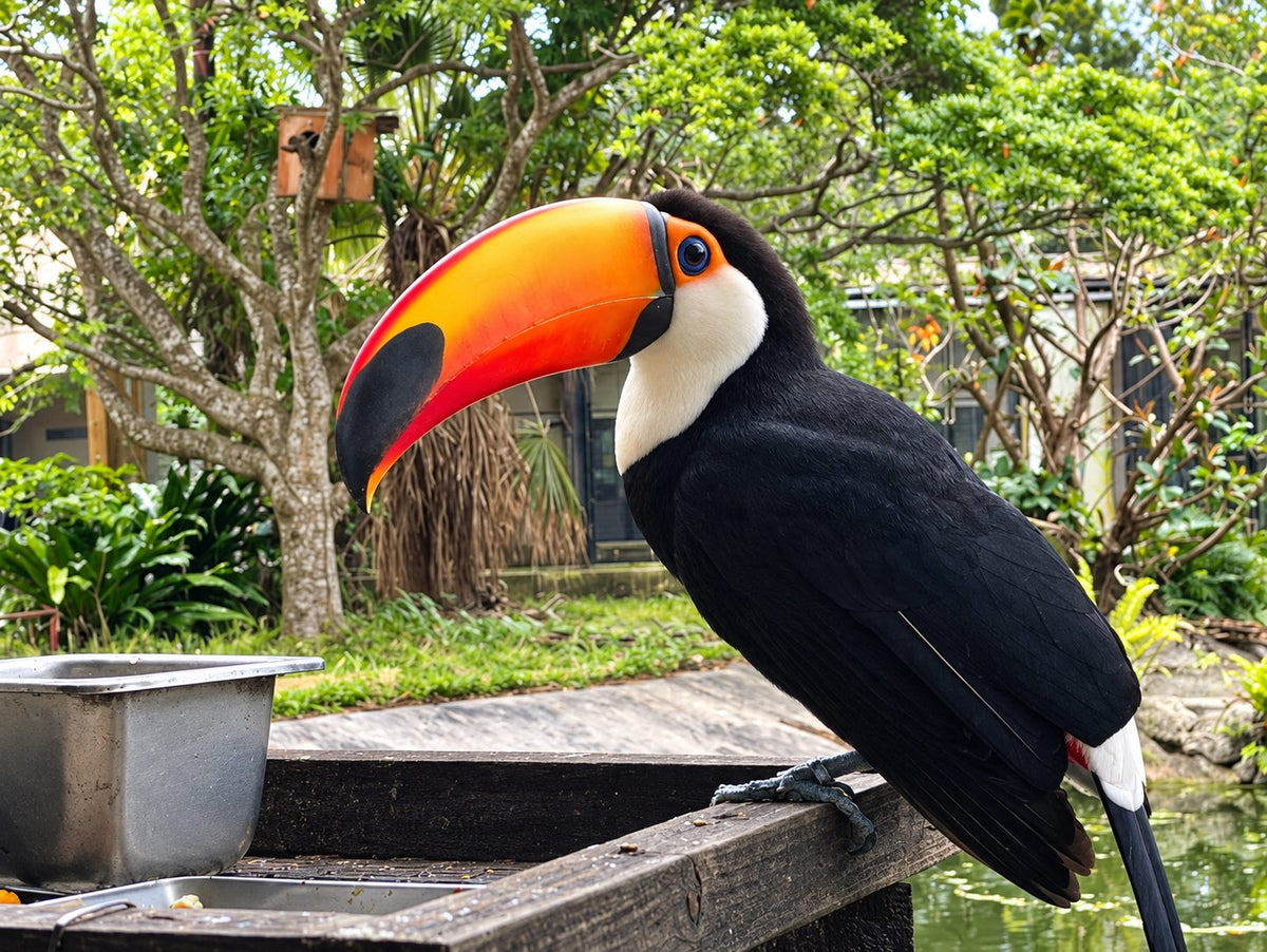 A toco toucan with a bright orange bill perched on the wooden feeding platform beside the pond.