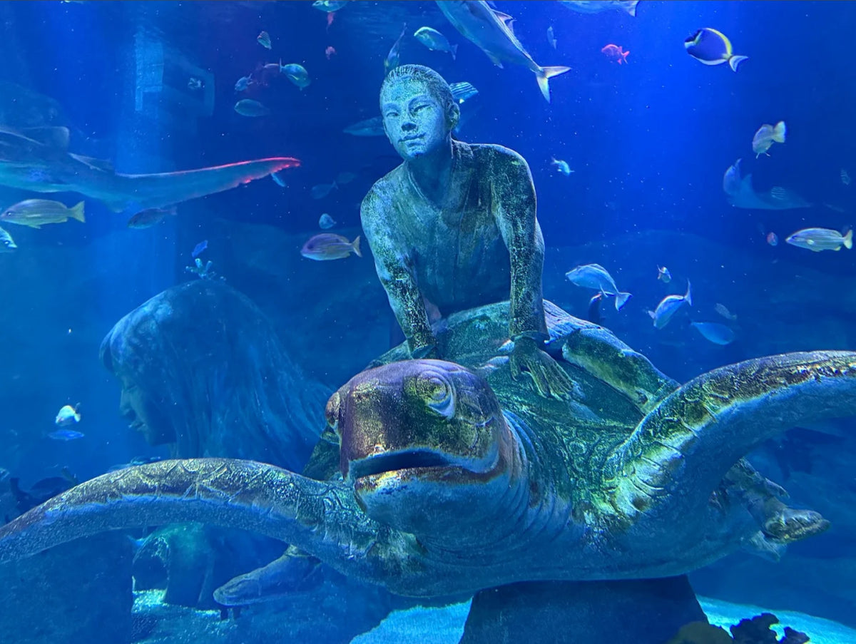 Sculpture of a figure riding a sea turtle in a tropical fish tank at SEA LIFE Nagoya
