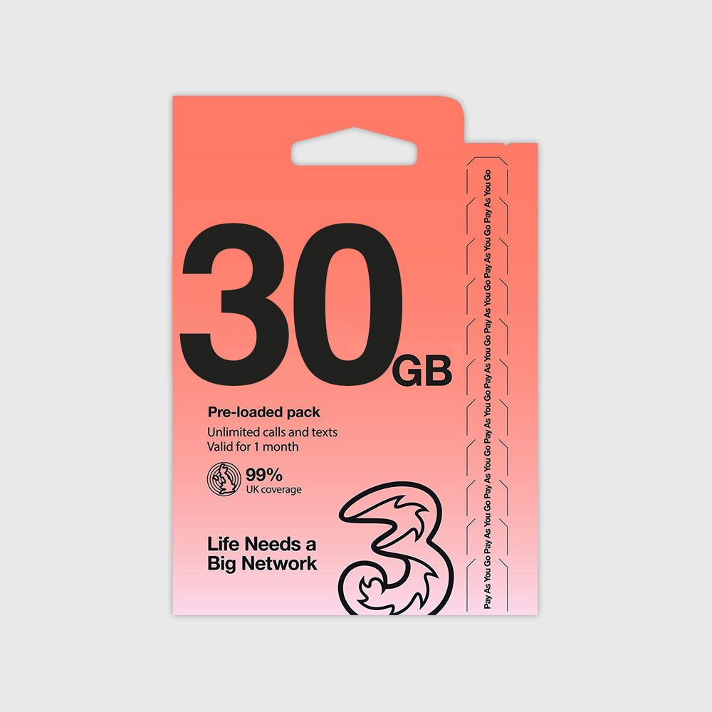 UK & Europe (72 Countries) Three 30GB Prepaid SIM