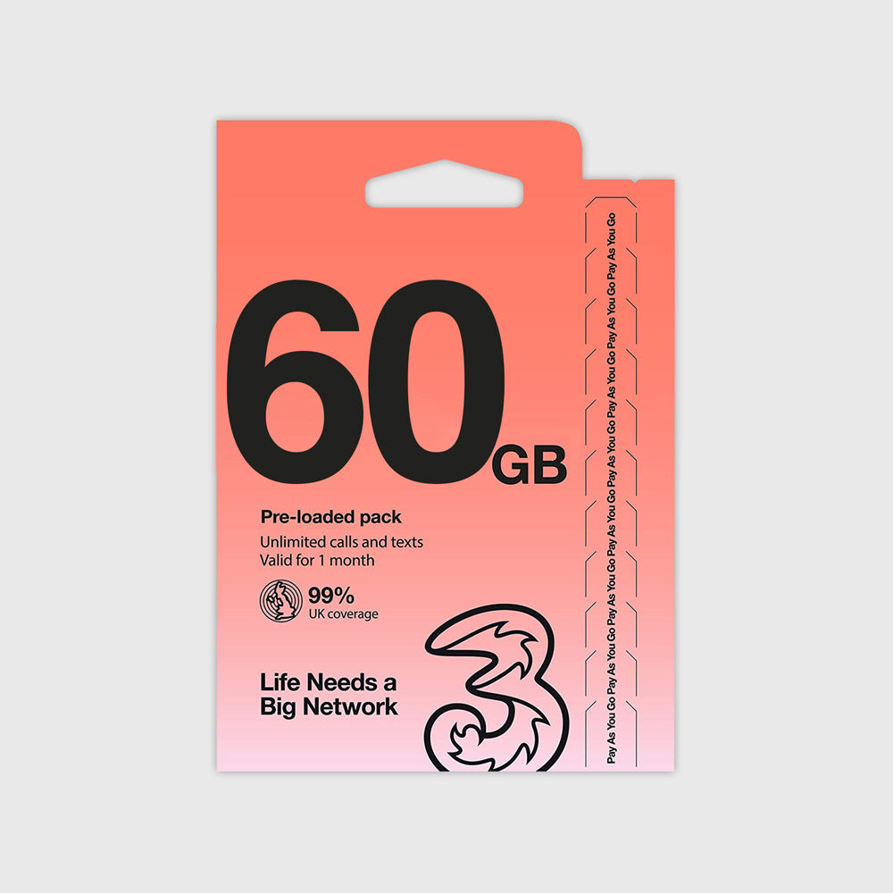 UK & Europe (72 Countries) Three 60GB Prepaid SIM