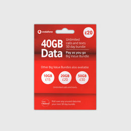 Pack minorista de prepago Vodafone de 40GB con llamadas y SMS ilimitados en un paquete de 30 días.